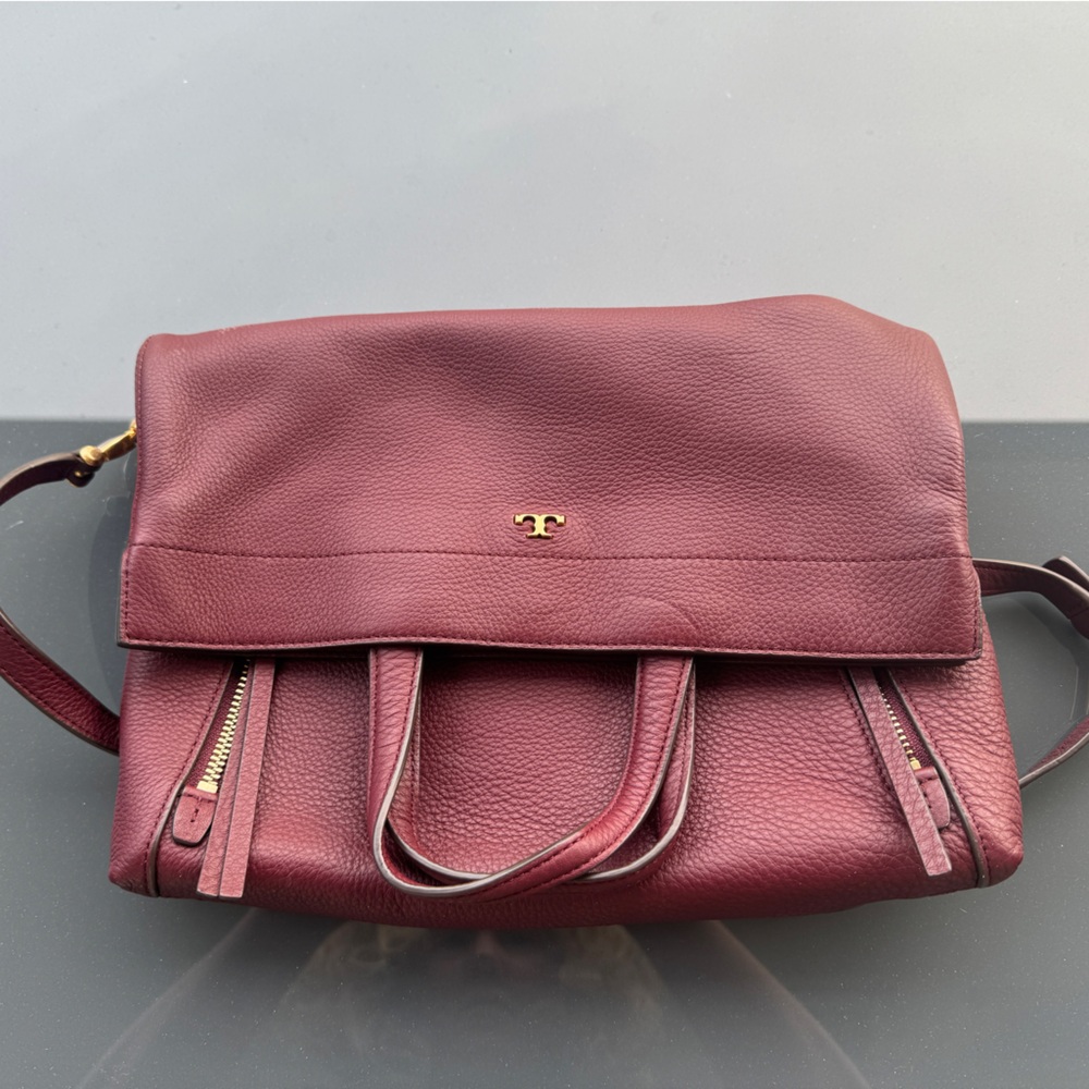 Tory Burch Half-Moon Convertible Cross-Body pebble leather wine color